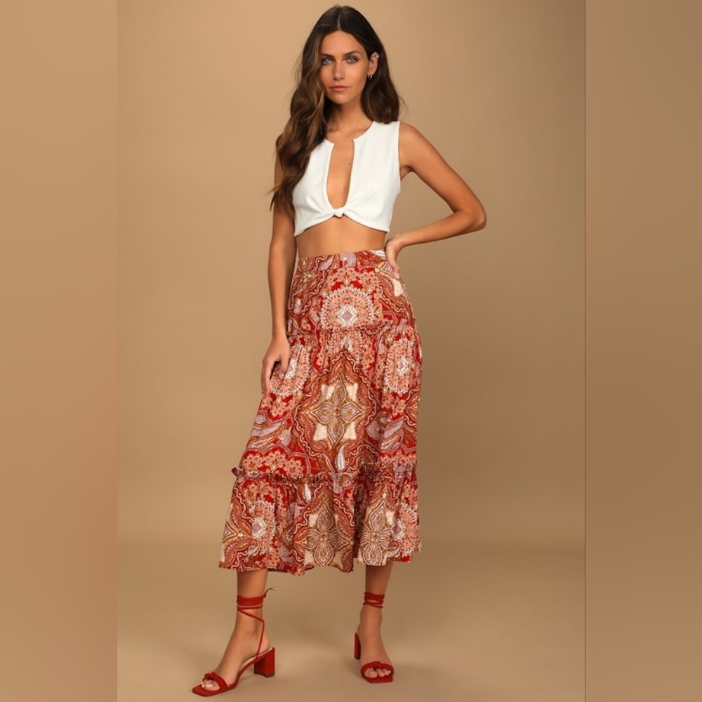 Lulus SM Paisley Skirt Own Your Own Magic Midi Ruffle Tier Mettalic Boho